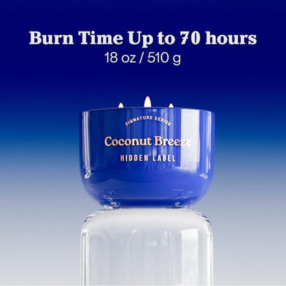Hidden Label Coconut Breeze Candle, 18oz 3-Wick Soy Wax | 75+ Hour Burn | Tropical Shore Blend | Non Toxic Plant Wax | Triple Flame Even Melt | Housewarming Ready - color: Coconut Breeze