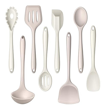 LIANYU 8Pcs Kitchen Utensils Set, Silicone Cooking Utensils Spatula Set for Nonstick Cookware, Include Silicone Spatula, Ladle, Turner, Spoon, Heat Resistant, Dishwasher Safe, Khaki White - color: Khaki White