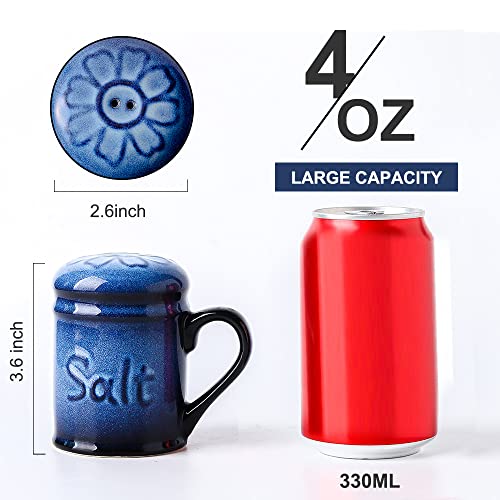 Nihow Ceramic Salt & Pepper Shakers Set with Handle for Kitchen Counter | 2.6 Inch Resist Rusting Seasoning Shaker -Elegant Black & Blue (Set of 2) - size: Shaker with handle