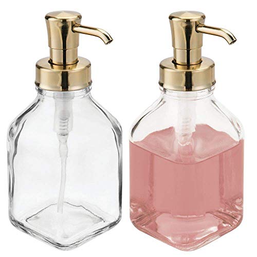 mDesign Square Glass Refillable Liquid Soap Dispenser Pump Bottle for Bathroom Vanity Countertop, Kitchen Sink - Holds Hand Soap, Dish Soap, Hand Sanitizer, Essential Oils - 2 Pack - Clear/Soft Brass - color: Clear/Soft Brass