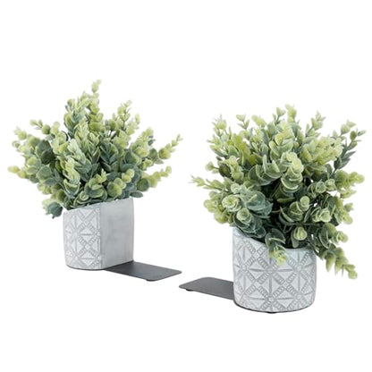 MyGift L Shaped Bookends with Faux Eucalyptus, Gray Concrete Pot, 2pc | Decorative bookends keep books upright while faux eucalyptus and an embossed planter add low-maintenance greenery to shelves - color: Artificial Eucalyptus