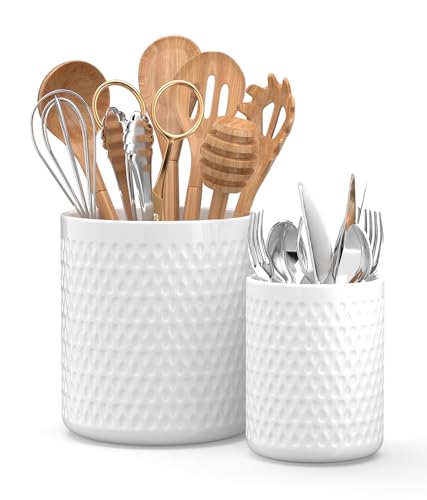 Ceramic Utensil Caddy, Cooking Utensil Holder for Kitchen Counter | 6.8 inch Large Spatula Holder, Farmhouse Kitchen Decor for Silverware Spoon Crocks 2PCK