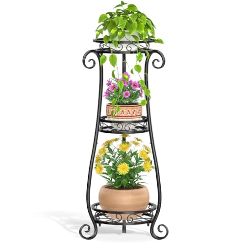 LASZOLA 3 Tiers Metal Corner Plant Flower Stand Tall Indoor Outdoor, Black | Heavy Duty Small Holder Shelf for Multiple Plants, Vintage 30 Inch High for Patio Office, Modern Sturdy Vertical Iron Rack - color: Black, size: 3 Tier