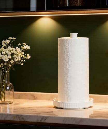 Paper Towel Holder, Ceramic Heavy Plate Base Wobble-Free, Roll Stand-White | Effortless Cleaning and Easy to Assemble, Super Large for Triple Rolls, High End Looking as a Good Gift for Kitchen Island - color: Chic White