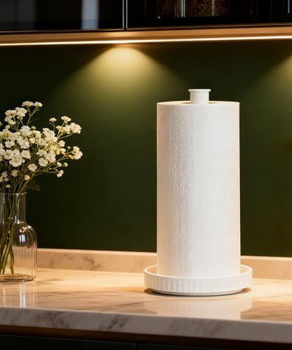Paper Towel Holder, Ceramic Heavy Plate Base Wobble-Free, Roll Stand-White | Effortless Cleaning and Easy to Assemble, Super Large for Triple Rolls, High End Looking as a Good Gift for Kitchen Island - color: Chic White