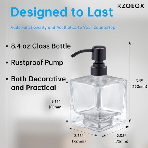 Hand Soap Dispenser Square with Oil Rubbed Bronze Pump, 8.4 oz Liquid Clear Glass Soap Dispenser with Stainless Steel Pump for Dish Soap Bathroom Kitchen Vanity Countertop - color: Oil Rubbed Bronze, size: 8.4 oz