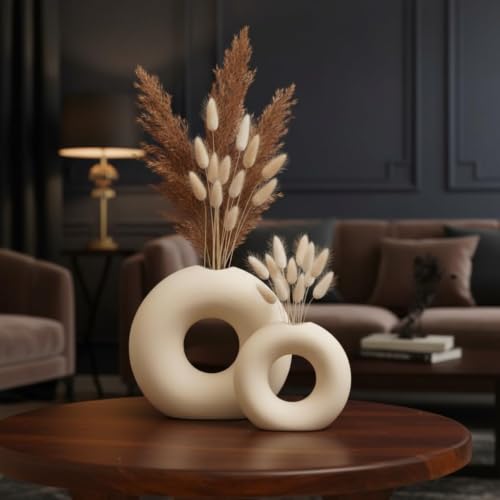 DESI SAMAAN Store Unique White Ceramic Donut Vases | Decorative Donut Vase for Dried Flowers & Pampas Grass (Set of 2) (6 & 4 Inches (Ring Donut VASE)) - size: 6 & 4 Inches (RING DONUT VASE )
