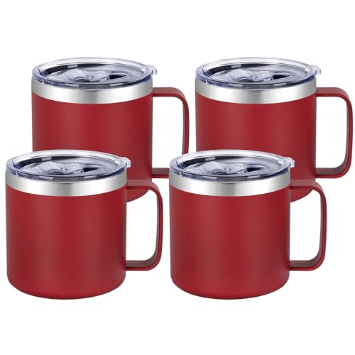VEGOND 14 oz Insulated Coffee Mug Bulk with Handle, Stainless Steel Travel Coffee Mug with Lid, Double Wall Vacuum Metal Coffee Cup, Coffee Tumbler Powder Coated, Red 4 Pack - color: Red, size: 14 Ounces (4 Pack)