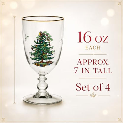 Spode Christmas Tree Pedestal Goblets, 16 Oz - Clear, Set of 4 | Holiday Stemmed Glasses with 22K Gold Rim for Wine, Water & Cocktails, Festive Drinkware for Christmas Dining & Entertaining - style: Pedestal Goblets