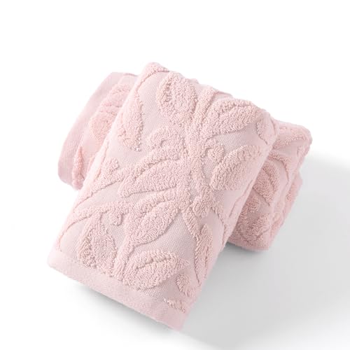 YiLUOMO Beige Embossed Floral Pattern Hand Towel Set of 2 Super Soft 100% Cotton Highly Absorbent Decorative Bath Hand Towels for Bathroom Home 13x 29 Inch - color: Beige