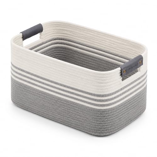 Cotton Rope Laundry Basket Extra Large, 22.8GAL Collapsible Woven Storage Baskets for Living Room Kids Toys Stuffed Animal,Boho Rectangular Decorative Hamper for Dirty Clothes, Blankets White Grey - color: WhiteGrey, size: 22.8GAL