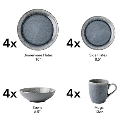Arora FAIT Round Stoneware 16pc Dinnerware Set for 4, Dinner Plates, Side Plates, Cereal Bowls, Mugs - Reactive Glaze Grey (448158) - color: Grey-Bowl/Mug (1), style: Round-Service for 4(16pcs)