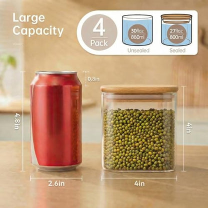 27oz Square Glass Food Storage Containers with Airtight Bamboo Lids, 4 Pack | Pantry Jars for Flour, Sugar, Pasta & Spices, 3mm Borosilicate Glass Canisters Keep Food Dry & Fresh, Easy to Fill & Clean - color: 27oz 4 Pack