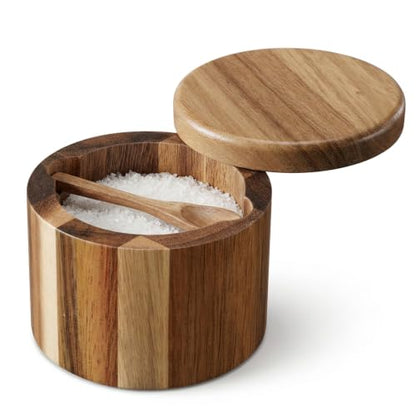 Grevosea Salt Cellar, Acacia Wood Salt Container with Swivel Magnetic Lid | Elegant Kitchen Salt Container Holder for Pepper Spice Bath Salt Sea SaltStorage, 360° Rotating Countertop Box 6oz