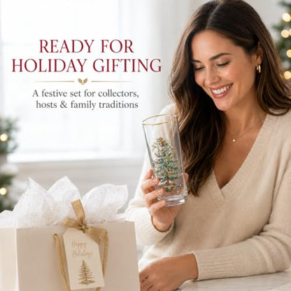 Spode Christmas Tree 15oz Highball Glasses, Set of 4 - Gold-Rimmed Elegant Holiday-Themed Glassware, Festive Holiday Drinkware for Christmas Parties, New Year’s Toasts & Festive Occasions | Ideal for serving cocktails & sparkling water, 22k gold-trimmed r