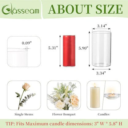 Glasseam Cylinder Vases for Centerpieces, 6Pcs Clear Glass Vase for Flowers | Hurricane Pillar, Floating Candle Holder, Modern, Small Home Decorations, Table Centerpieces, Wedding, Party, 6In - size: 6In