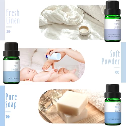 Fragrance Oil Set, MitFlor Clean Essential Oils for Diffusers for Home, 6 x10 ml, Fragrance Oil for Candle Soap Making, Diffuser Oils Gift Set, Fresh Linen, Pure Soap and More Scents