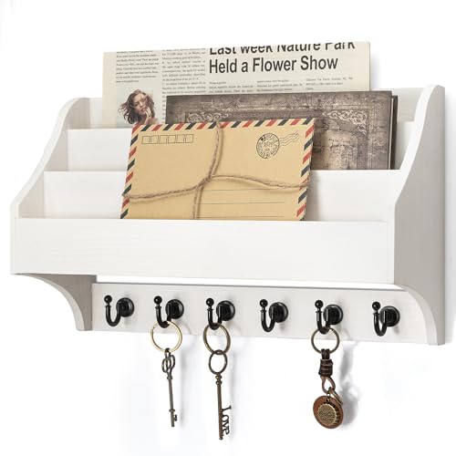Rebee Vision Mail Organizer Wall Mounted with 6 Key Hooks for Office, White | Pine Wood, Key Holder Wall Mount, Mail Holder, 3-Tier Letter Slots, key Hanger, Entryway Storage, Apartment Rustic Aesthetic - color: White