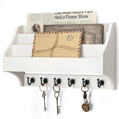 Rebee Vision Mail Organizer Wall Mounted with 6 Key Hooks for Office, White | Pine Wood, Key Holder Wall Mount, Mail Holder, 3-Tier Letter Slots, key Hanger, Entryway Storage, Apartment Rustic Aesthetic - color: White