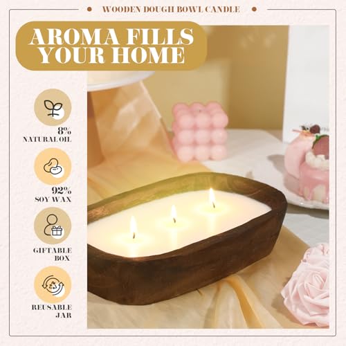 Threlaco 2 Pack Wooden Dough Bowl Scented Candle,Caramel | 3 Cotton Wicks for Even Burning, Natural Soy Wax Blend, Farmhouse Table Centerpiece, Rustic Wooden Bowl Candle Gift Set