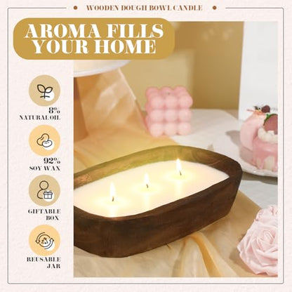 Threlaco 2 Pack Wooden Dough Bowl Scented Candle,Caramel | 3 Cotton Wicks for Even Burning, Natural Soy Wax Blend, Farmhouse Table Centerpiece, Rustic Wooden Bowl Candle Gift Set