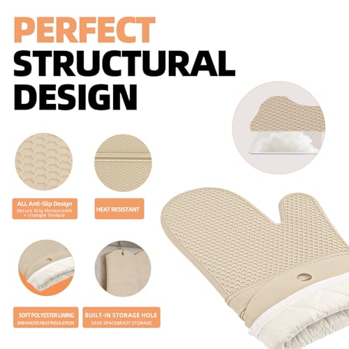 YUTAT Silicone Oven Mitts,Heat Resistant 2PCS Oven Mitts with Soft Polyester Filling,Perfect for Baking and Cooking,Khaki - color: Khaki-honeycomb Surface, size: 13“L x 7"W-2 Piece