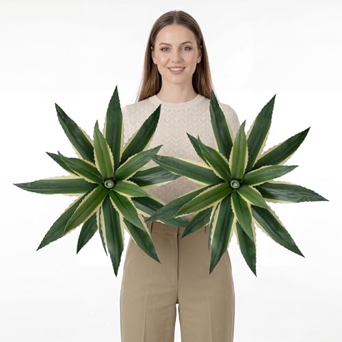 Agave Plant Artificial 21.7" Faux Agave Plant Indoor Outdoor Fake Agave with 21 Sawtooth Edge Leaves Realistic Greenery for Porch Patio Garden Home Decor 2 Pack Without Pot(White Green) - color: White Green 22"-2