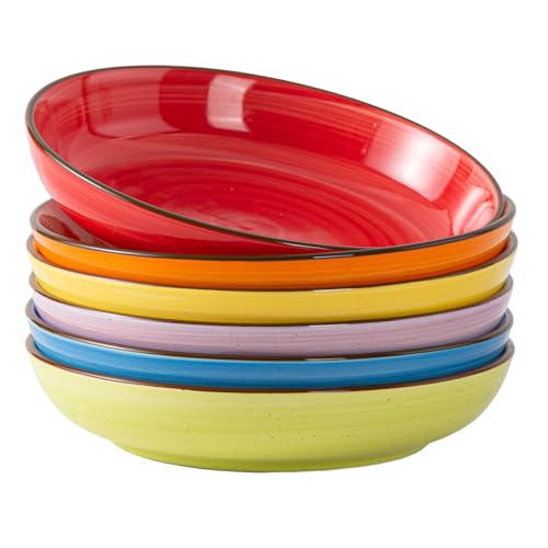 Y YHY Pasta Bowls Set of 6, 30 oz Ceramic Shallow Bowls, Serving Bowls Pasta Plates and Salad Bowls, Microwave & Dishwasher Safe Soup Bowls, Assorted Colors Christmas Day Gift - color: Bright Color, size: 30 oz