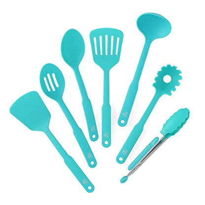GreenLife Cooking Tools and Utensils, 7 Piece Nylon Set including Spatulas Turner Spoons and Tongs, Dishwasher Safe, Caribbean Blue - color: Caribbean Blue