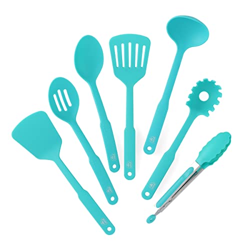 GreenLife Cooking Tools and Utensils, 7 Piece Nylon Set including Spatulas Turner Spoons and Tongs, Dishwasher Safe, Caribbean Blue - color: Caribbean Blue