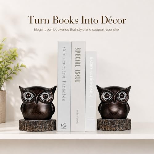 Owl Bookends for Shelves, Resin Book Ends Set of 2 | Anti-Slip Base, Antique Bronze Owl Design, Office Bookshelf Decor - style: Whimsical