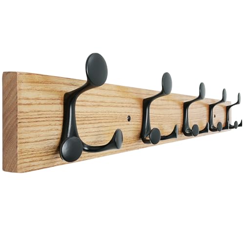 SKOLOO 30-Inch Wood Coat Rack Wall Mount with 5 Triple Hooks - Ideal for Family Entrances, Classrooms, and Pet Supplies Storage - Perfect Coat Hooks for Wall, Black on Natural - color: Black on Natural, size: 30 inch with 5 hooks