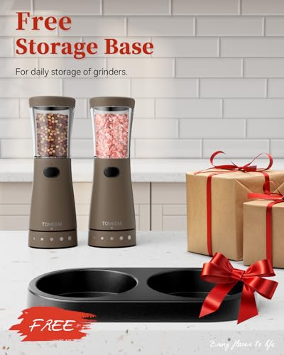 Electric Salt and Pepper Grinder Set with Storage Base, Stainless Steel Rechargeable Salt and Pepper Grinder Set with 4.5 oz Large Capacity, 1.8" Wide Mouth, Adjustable Coarseness, Ideal for Kitchen - color: Caramel