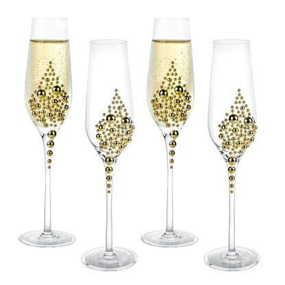 MyGift Champagne Flutes 6 oz, Clear Glass Stemmed Toasting Glasses with Faux Gold Pearls – Wedding, Bridal Shower & Bachelorette Party Glassware Set of 4 - color: Gold