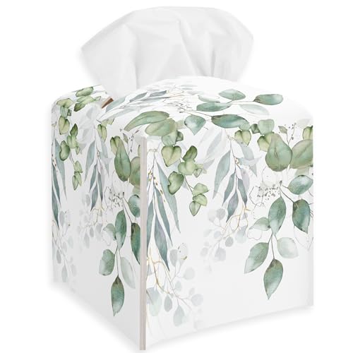Leaves and Flowers Tissue Box Cover, Floral Leather Tissue Box Holder Square Facial Paper Organizer Dispenser for Bathroom Kitchen Bedroom Vanity Countertop Nightstands - color: Leaves and Flowers