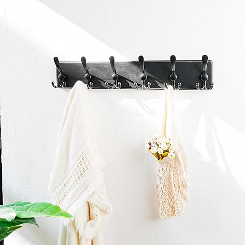 Coat Rack Wall Mounted - 24" Long 6 Tri Hooks, Heavy Duty Wooden Wall Coat Hanger Coat Hook for Clothes Hat Jacket Clothing, Black - color: Black, size: L=24"