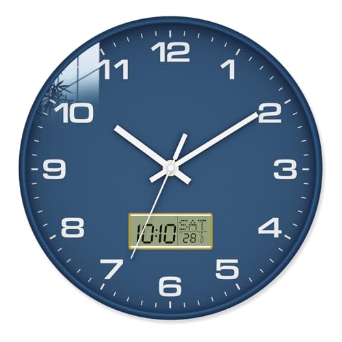 12 Inch Wall Clock, Silent Non-Ticking Analog with LCD Display, Battery Operated, Perpetual Calendar, Date, Weekday & Temperature (°C/°F), Tempered Glass for Living Room, Bedroom, Kitchen, Office