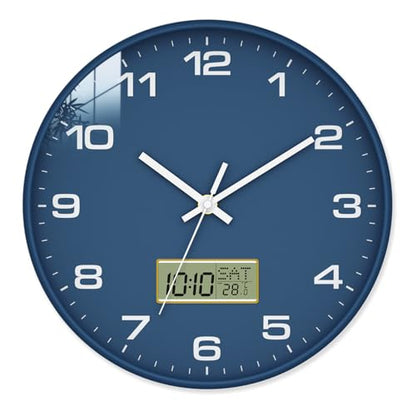 12 Inch Wall Clock, Silent Non-Ticking Analog with LCD Display, Battery Operated, Perpetual Calendar, Date, Weekday & Temperature (°C/°F), Tempered Glass for Living Room, Bedroom, Kitchen, Office