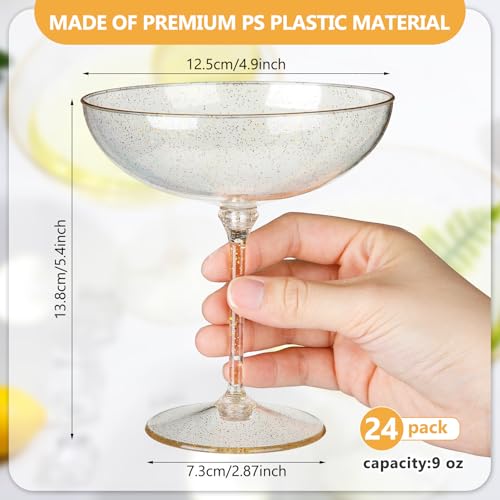 LemonRoad 24 Pcs Detachable Martini Glasses 9oz Disposable Plastic Coupe Cocktail Dessert Glassware Set for Champagne Wine Wedding Birthday Holiday Party Supplies (Transparent Gold Powder) - color: Transparent Gold Powder