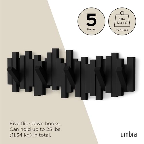 Umbra Sticks Wall Mount Coat Rack, 5 Hook Retractable Pegs, Black | Mounting hardware included, sculptural modern design, entryway or bedroom use, recycled plastic - color: Black, size: 5-Hook
