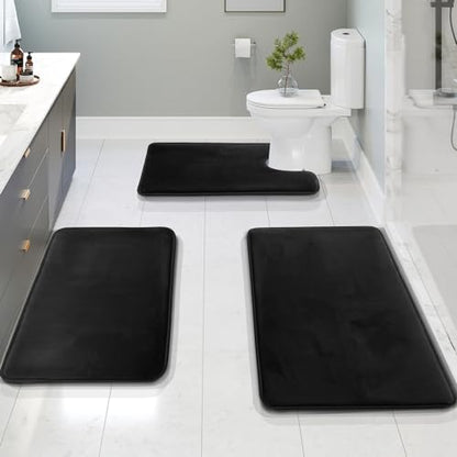 Clara Clark 3 Piece Bathroom Rugs Bath Mat Set, Velvet Memory Foam Bath Mats for Bathroom - Non-Slip, PVC Backing Bath Rugs, Washable - Dries Quickly, Black - color: Black