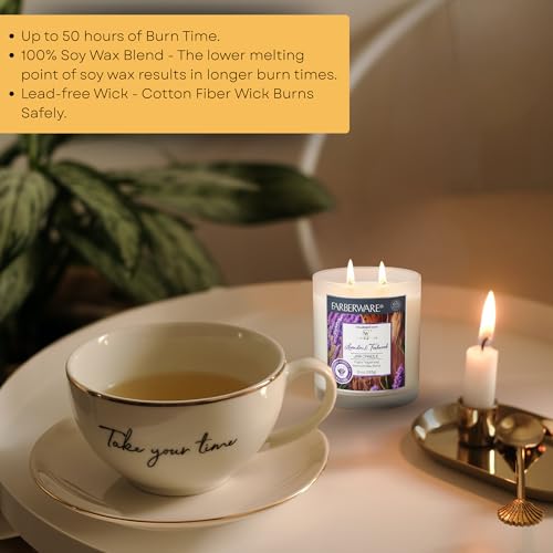 10oz Lavender and Teakwood Jar Candle by Farberware – Soy Wax Blend, Two Wick Highly Scented Candle for Entertaining, Personal Relaxation – Up to 50 Hours Burn Time – for Any Fragrance Lover