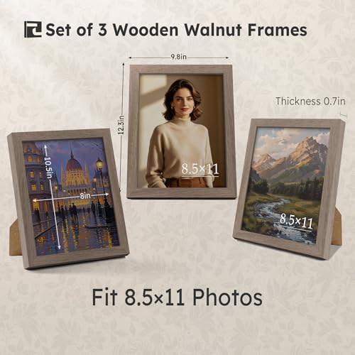 8.5x11 Walnut Picture Frame with HD Glass - 3pk, Natural Solid Wood Picture Poster Frame, Wall Gallery Frame - color: Walnut, size: 8.5 X 11, style: 3 Pack