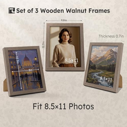 8.5x11 Walnut Picture Frame with HD Glass - 3pk, Natural Solid Wood Picture Poster Frame, Wall Gallery Frame - color: Walnut, size: 8.5 X 11, style: 3 Pack
