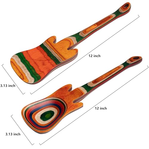 Pakkawood 12 inch Guitar Cooking Spoons and Spatula Set, Long Handle Flat Frying Spatulas & Handmade wooden spoons, Kitchen Utensil Salad Servers set for Cooking, Frying, Baking, Set of 2 - color: Pakkawood Guitar