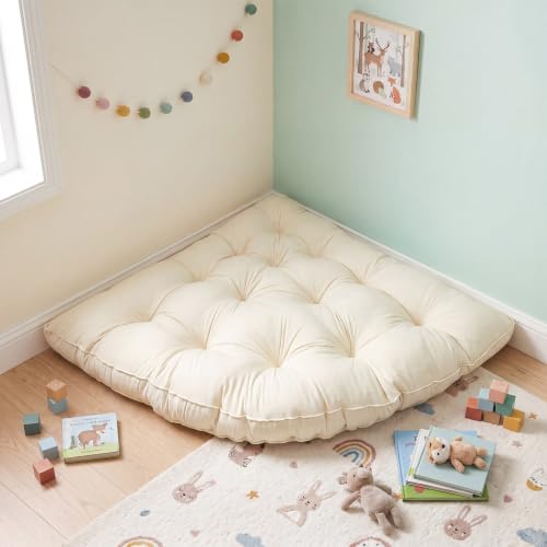 Yookeer Triangle Floor Pillow 40 Inch Cream Tufted Corner Floor Cushion Thickened Soft Window Seat Cushion Washable Meditation Mat for Living Room Bay Balcony Reading