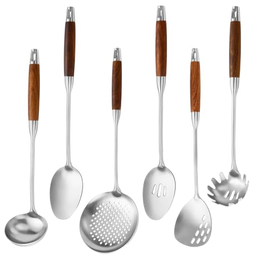 Izurok 18/10 Stainless Steel Kitchen Utensils Set,6 Piece Cooking Utensils With Wood Handle,Heat Resistant Kitchen Tool Set With Spatula, Spoon, Ladle, Skimmer, Slotted Spoon, Pasta - color: SILVER-6 Pieces, size: Small