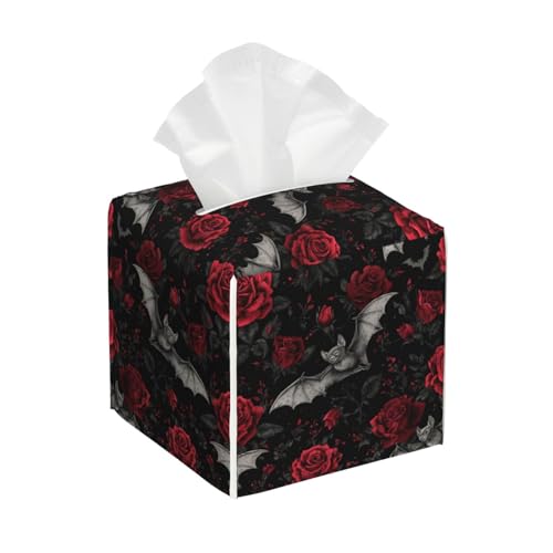 Goth Tissue Box Cover Square,Bat Rose Tissue Box Holder Waterproof Leather Facial Paper Organizer Dispenser for Bathroom Home Car Kitchen Nightstand Vanity Desk Decoration - color: Goth