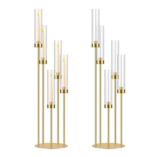 35in 2 Set Gold Candelabra Candle Centerpieces for Tables Candlesticks Holder Wedding Centerpieces Table Decorations Acrylic lampshade Fit 0.9" LED Candle 5 arm - color: Gold, size: 34.65 in