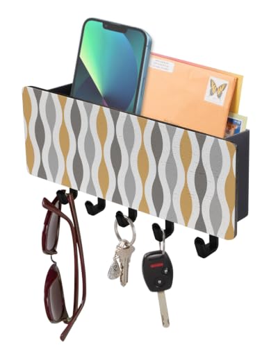 Key Holder for Wall Mid Century Abstract Art Key and Mail Holder with Shelf 5 Hooks Storage Key Organizer Rack Symmetrical Geometric Yellow Grey Wood Wall Key Hanger for Entryway Hallway Home Decor - color: Yellow Grey, size: Black